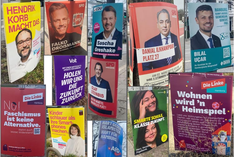 Collage: 12 political posters hanging on trees and lampposts. Most have simple slogans and/or a candidate's face. One poster in the bottom right corner has noticeably more text than the rest.